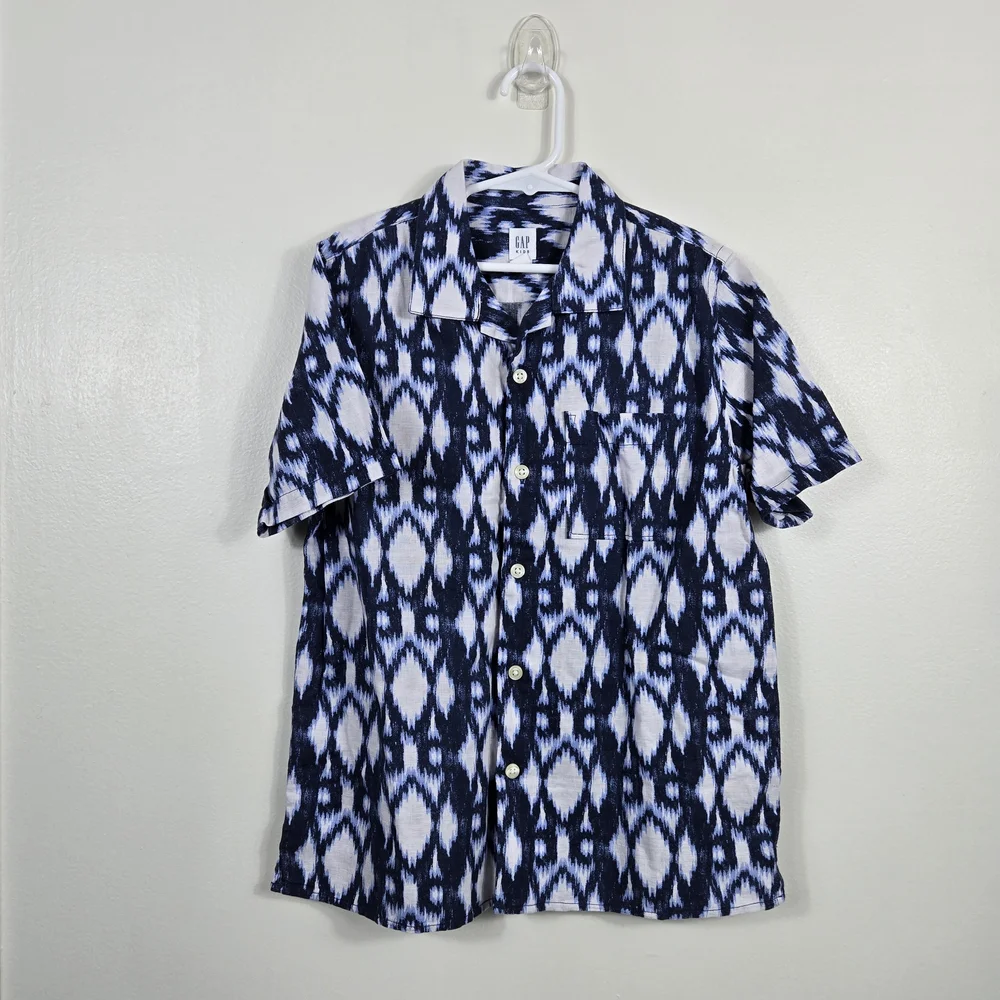 Gap Kids Boys Navy White Ikat Abstract Short Sleeve Linen Button‎ Shirt Medium